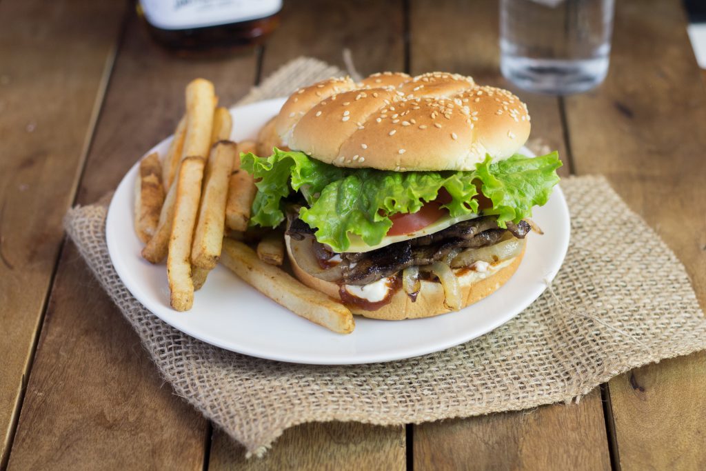 Andouille & Beef Burgers with Spicy Mayo & Caramelized Onions