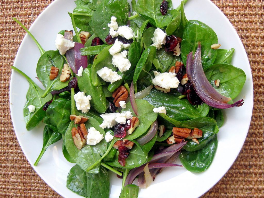 Spinach Salad with Bosc Pears, Cranberries, Red Onion, & Toasted Hazelnuts